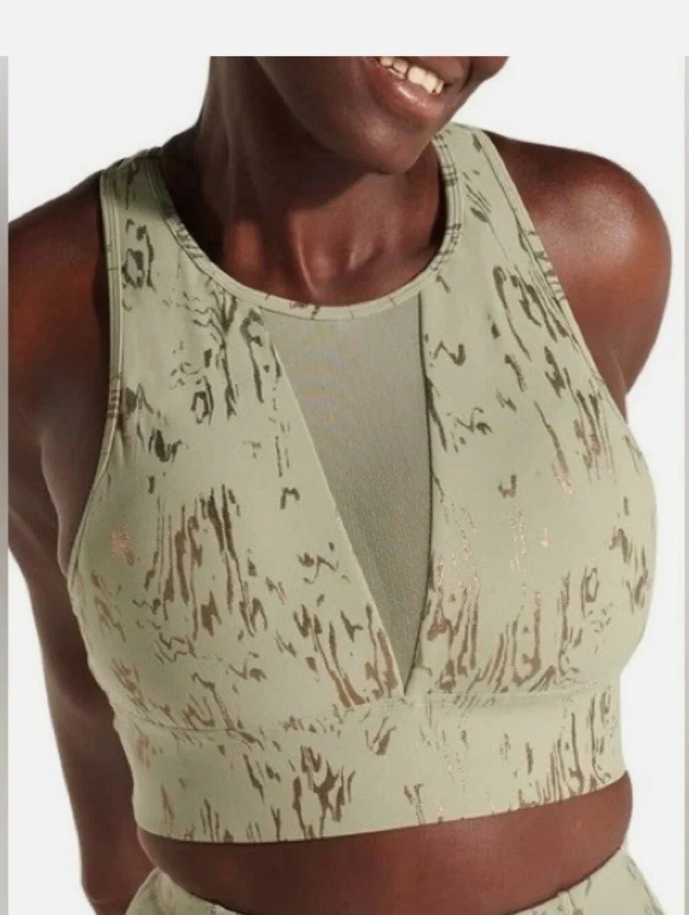 Sweaty Betty Olive Green & Metallic Bronze High-Neck Mesh Inset Sports Bra